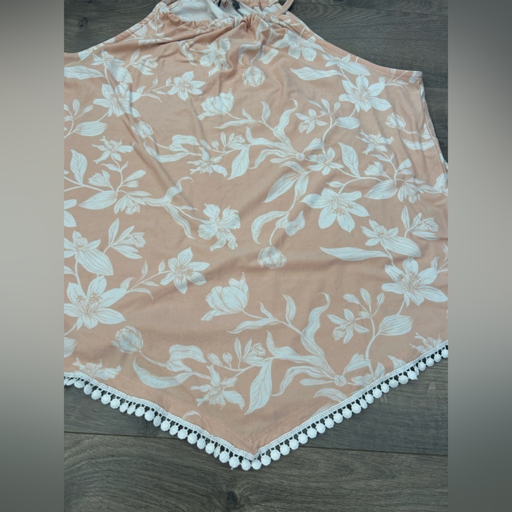 Pink and White Floral Halter Top with Pom Pom Trim - Picture 2 of 2